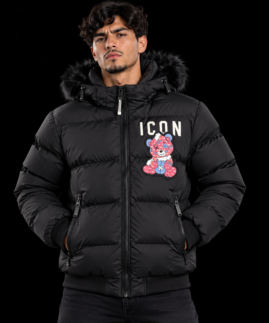 CHAQUETA NEGRA OSITO ROSA