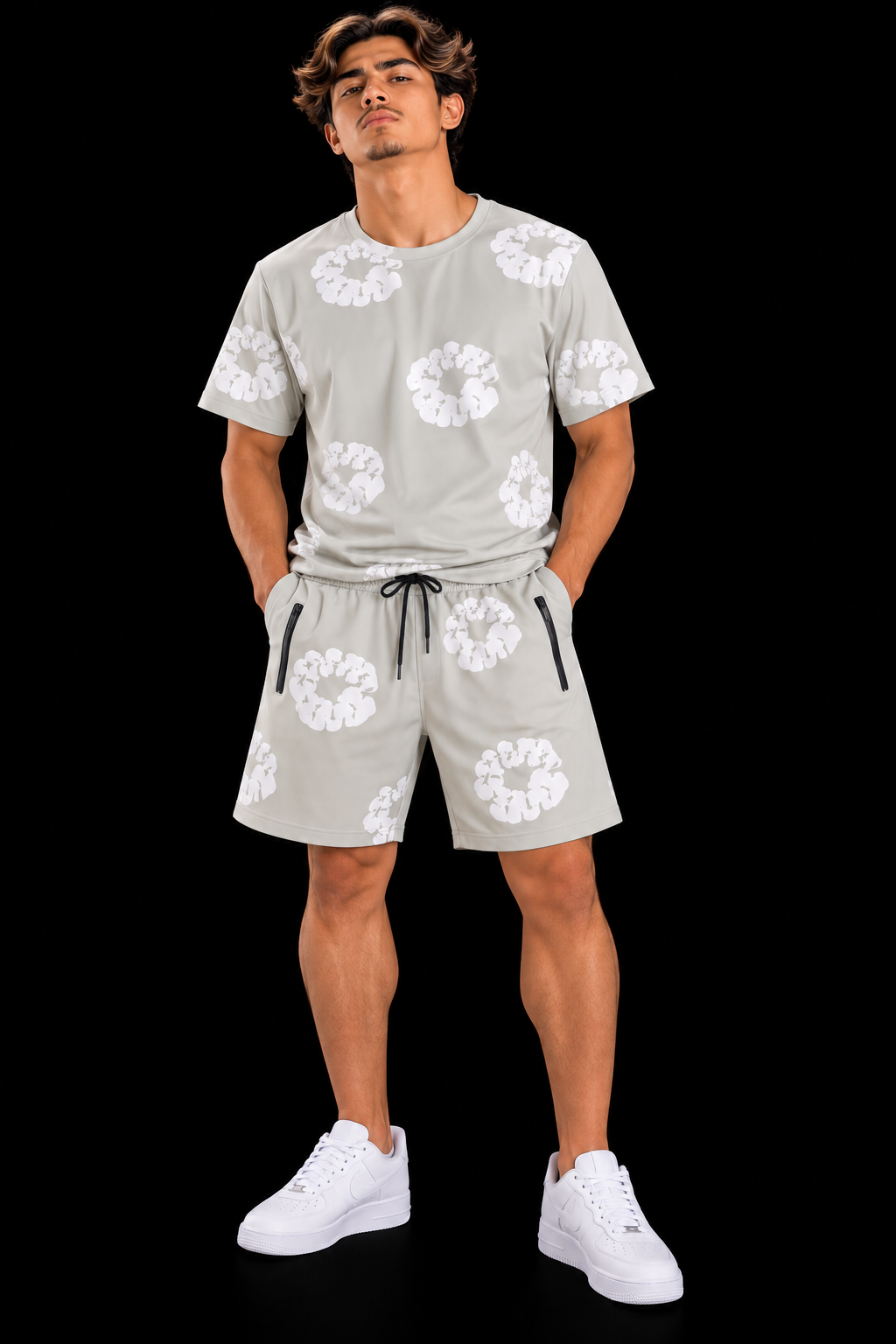 CONJUNTO CORTO FLORES GRIS